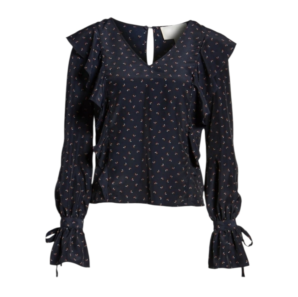 JOA Womens Navy Multi Color Ditsy Print Ruffle Tie Cuff Bell Sleeve Blouse Large